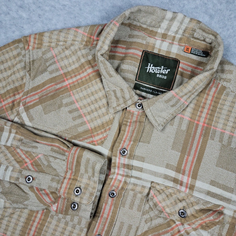 Howler Bros Men's XL Tan Harkers Flannel Plaid Button Down Western Outdoor Shirt